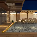 Modern Garden Landscape At Night Featuring Wooden Screen Mountain Pattern Green Plants And Lanterns