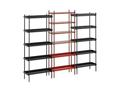 Modern Multi Tiered Shelving Units With Black Red Metal Frames And Storage Shelves Design 3d model