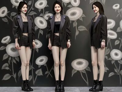 Women Wearing Black Blazer Tank Top Shorts Boots Against Dark Wallpaper With Large White Flowers 3d model
