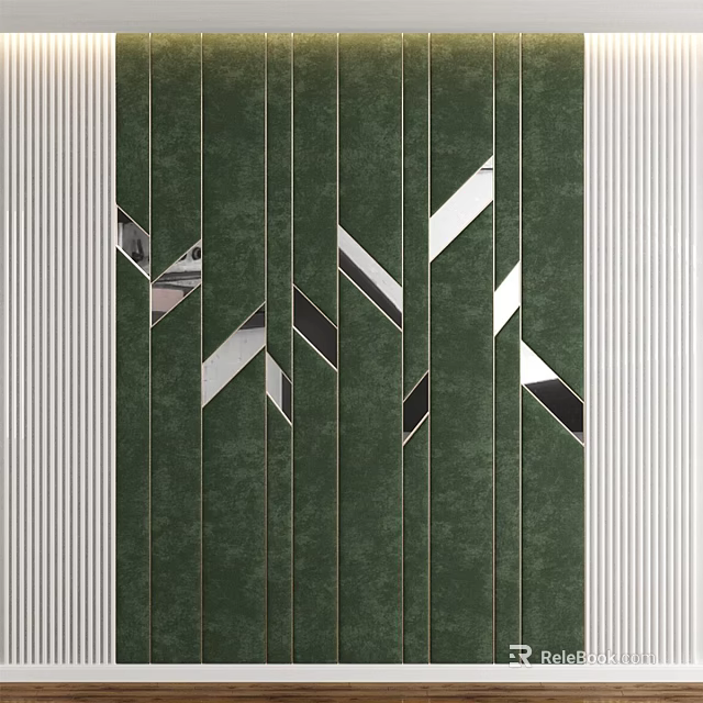 Green Wall Paneling With Silver Black Geometric Shapes And White Vertical Stripes 3d model 