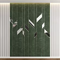 Green Wall Paneling With Silver Black Geometric Shapes And White Vertical Stripes