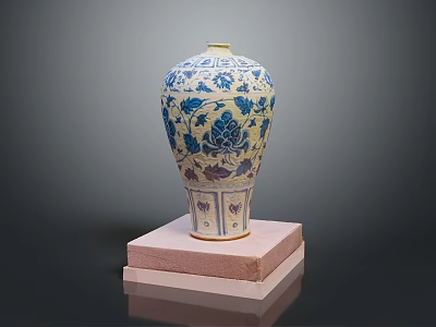 Blue and White Decorative Ceramic Sculpture With Lotus Floral Patterns On Pink Base 3d model