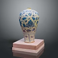 Blue and White Decorative Ceramic Sculpture With Lotus Floral Patterns On Pink Base