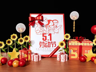 Festive May 1st Labor Day Stage Decorated with Sunflowers Gift Boxes and Red Balloons 3d model