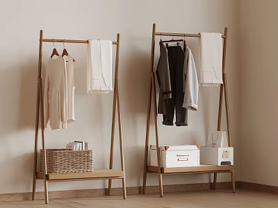 Wooden Clothes Stand Rack Hanging Casual Clothes With Storage Shelf Basket And Box 3d model