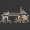 Rustic Wooden House With Blue Roof Brick Chimney Windows Wooden Door And Ladders