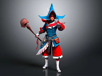 Hooded Mage In Blue Red Outfit Holding Staff With Mythical Creature Design 3d model