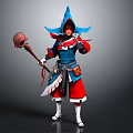 Hooded Mage In Blue Red Outfit Holding Staff With Mythical Creature Design