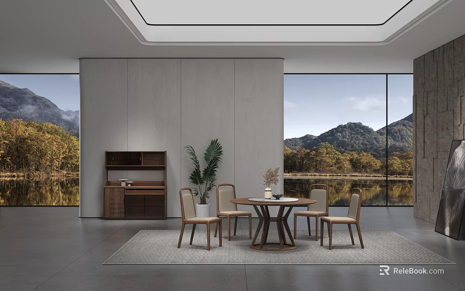 Modern Minimalist Dining Room With Round Wooden Table Chairs Large Scenic Windows And Green Plant 3d model 