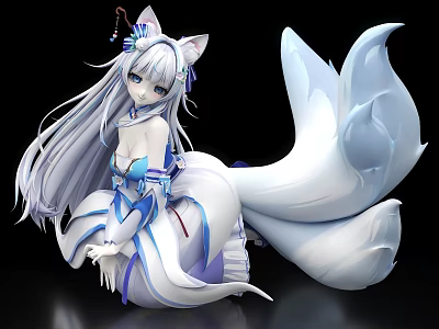 Anime Game Character with Silver Hair Fox Ears Flowing White Tail in Blue White Outfit 3d model