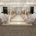 Elegant Banquet Hall Decor With Hanging Chandeliers Floral Arrangements And Gold Accents