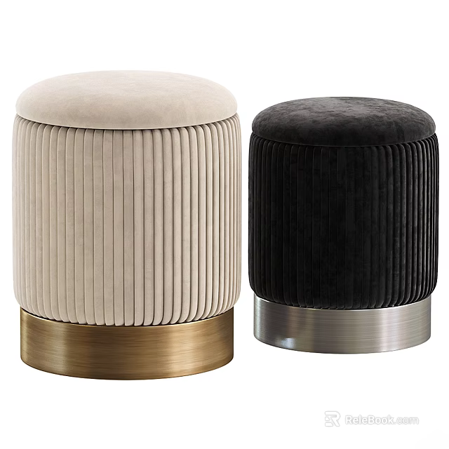 Beige And Black Velvet Upholstered Stools With Gold And Silver Metal Bases 3d model 