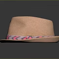 Light Brown Woven Straw Hat With Pink White Geometric Pattern Band