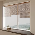 Natural Bamboo Blinds Covering Window With Vases On Sill And Scenic View Outside