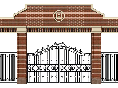 Red Brick Entrance Gate With Wrought Iron Design And Decorative Top Emblem 3d model