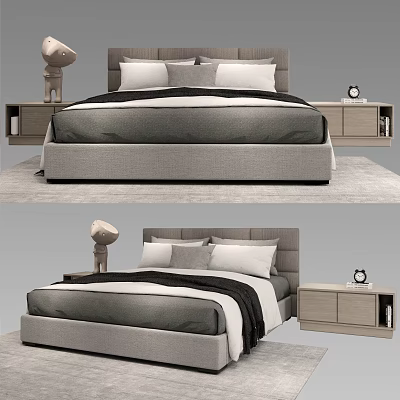 Modern Double Bed With Upholstered Headboard Side Tables Pillows And Blanket 3d model