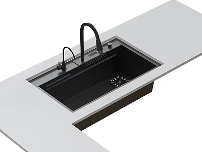 Modern Black Kitchen Sink with Faucet and Control Panel on White Countertop 3d model