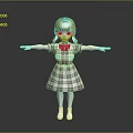 3D Character Yellow Hair Pigtails Plaid Dress Red Bow White Shoes Outstretched Arms Gray Background
