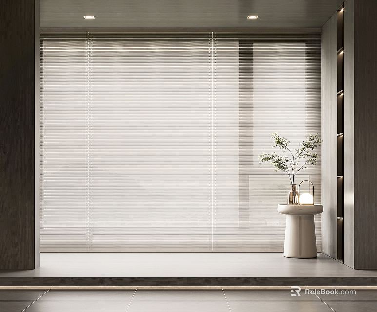 White Window Blinds In Modern Interior Design With Small Table Plant And Lamp 3d model 