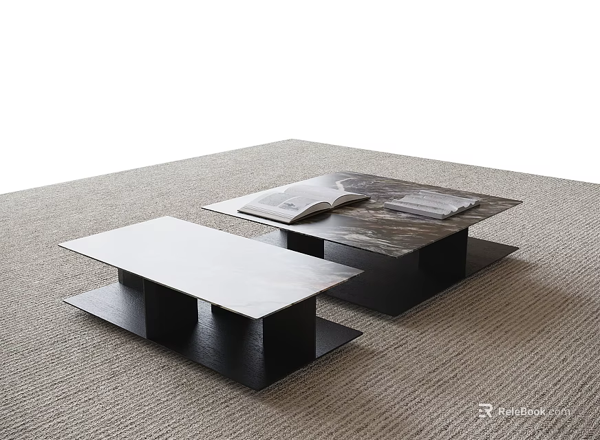 Two Modern Coffee Tables with Sleek Design on Beige Carpet and Open Magazine 3d model 