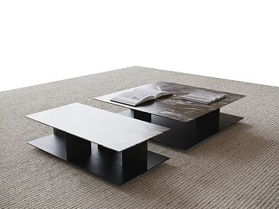 Two Modern Coffee Tables with Sleek Design on Beige Carpet and Open Magazine 3d model