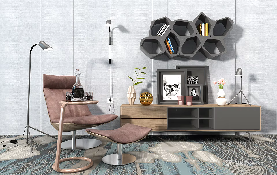 Modern Living Room TV Stand With Hexagonal Wall Shelf Decorative Items Floor Lamp And Armchair 3d model 