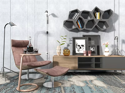 Modern Living Room TV Stand With Hexagonal Wall Shelf Decorative Items Floor Lamp And Armchair 3d model