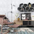 Modern Living Room TV Stand With Hexagonal Wall Shelf Decorative Items Floor Lamp And Armchair