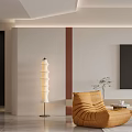 Modern Minimalist Living And Dining Area Interior With White Sofa Orange Armchair And Wine Rack
