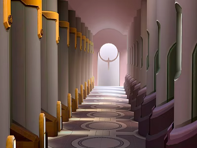 Cartoon Scene Of Long Corridor With Gray Yellow Columns Circular Floor Patterns And Archway 3d model
