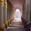 Cartoon Scene Of Long Corridor With Gray Yellow Columns Circular Floor Patterns And Archway