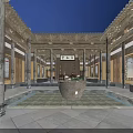 Traditional Chinese Hall Interior With Wooden Structure Inscribed Board And Display Cabinets