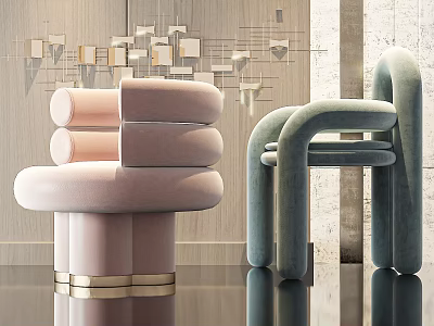 Stylish Modern Children's Chairs With Pastel Pink Mint Green Velvet And Golden Base 3d model