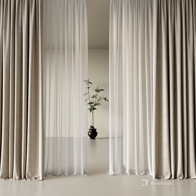 Neutral Layered Curtains With Sheer And Thick Drapes On Window Sill Black Vase Green Plant 3d model 