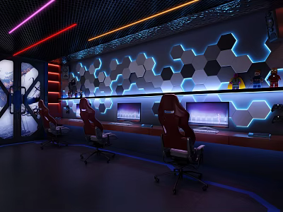 Futuristic Gaming Room With Red Chairs Monitors And Hexagonal LED Walls 3d model
