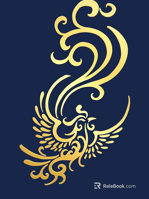 Ornate Golden Phoenix Carving Design with Intricate Patterns on Dark Blue Background 3d model 