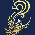 Ornate Golden Phoenix Carving Design with Intricate Patterns on Dark Blue Background