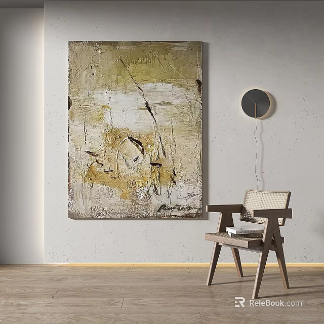 Modern Abstract Painting With Golden Beige Textured Brushstrokes On White Wall And Wooden Chair 3d model 