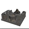 Industrial Brick Architectural Model Featuring Circular Structure Volcano Like Peak Metal Fence And Staircase