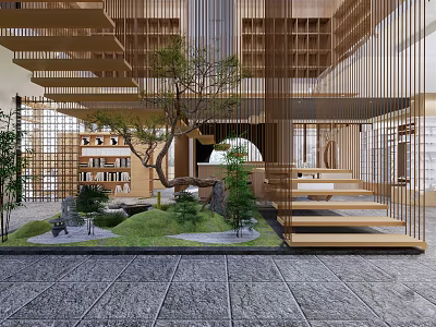 Book Art Modern Interior With Wooden Staircase Bookshelves Lawn And Green Plants 3d model