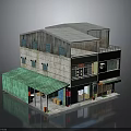 Two Story Building Featuring Green Awning Colorful Facade Green Window Frames And Flat Roof