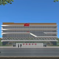 Modern School Building With Large Glass Facade Yellow Roof Front Plaza People Walking Surrounding Trees