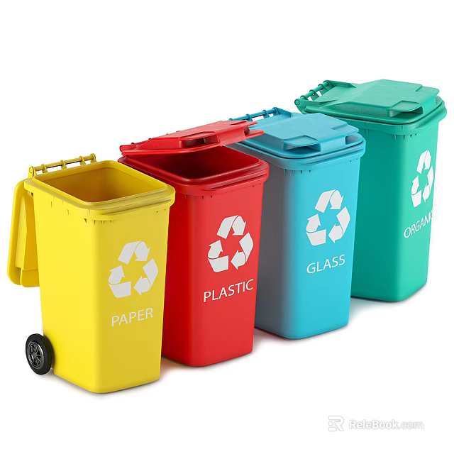 Color Coded Recycling Bins for Paper Plastic Glass and Organic Waste Management 3d model 