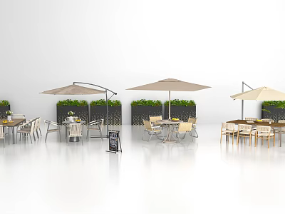 Modern Outdoor Dining Area With Stylish Canopies Tables Chairs And Green Plant Walls 3d model