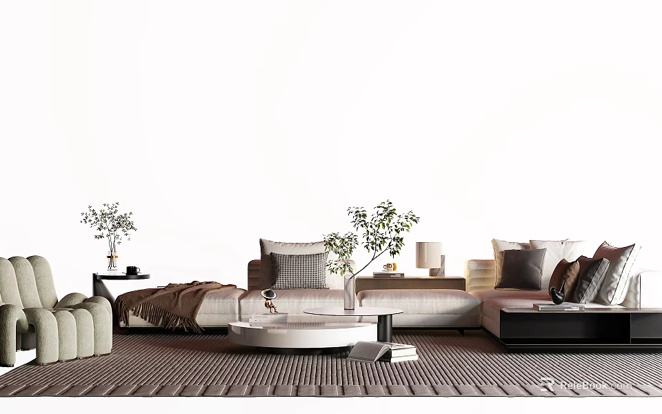 Modern Sofa and Coffee Table Set with Pillows Throw Blanket Plants Side Table and Rug 3d model