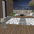 Rooftop Garden With Wooden Deck Sofa Coffee Table And Pink Flower Tree
