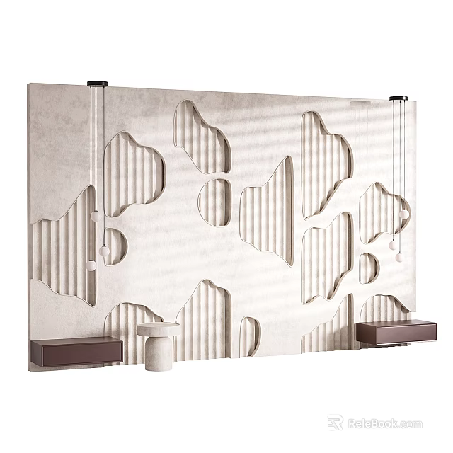 Modern Bedroom Accent Wall With Hollow Geometric Patterns And Hanging Pendant Lights 3d model 