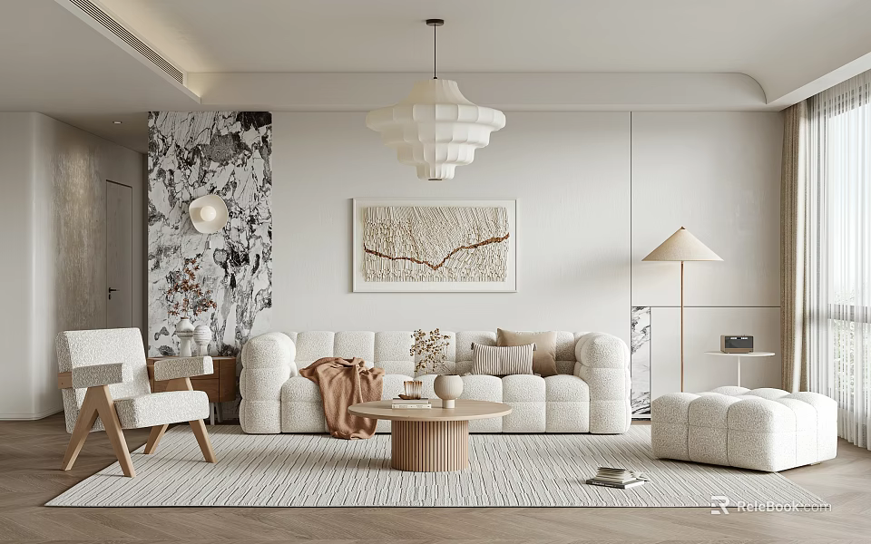 Modern Living Room Interior With Plush Sofa Wooden Coffee Table Chandelier And Area Rug 3d model 