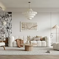 Modern Living Room Interior With Plush Sofa Wooden Coffee Table Chandelier And Area Rug
