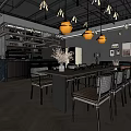 Modern Cafe Interior Design With Dining Table Chairs Pendant Lights Bar Counter And Wall Decorations